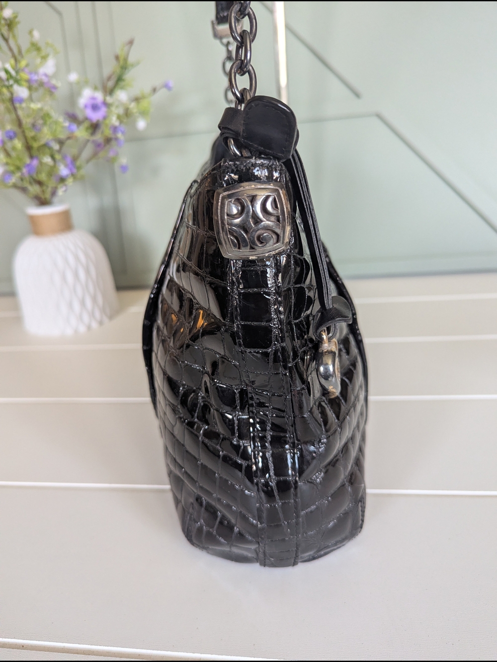 Brighton Black Croc-Embossed Shoulder Bag with Heart Charm - Picture 7 of 12
